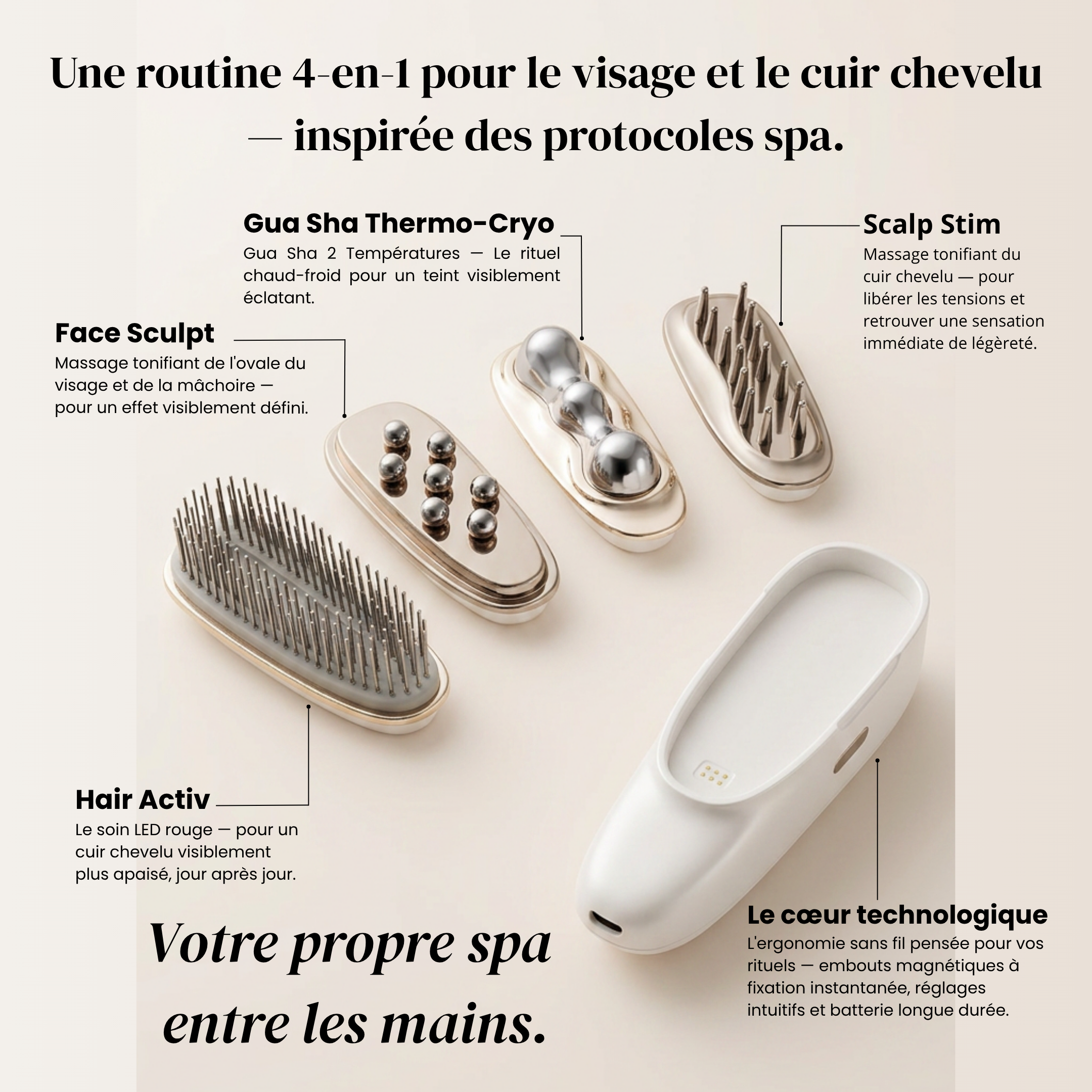 Infographie de l'appareil de Beauty Tech OYYO PRO+ affichant son manche sans fil et ses 4 embouts magnétiques interchangeables. Une technologie 4-en-1 combinant micro-courants EMS, luminothérapie et chaud-froid pour sculpter le visage en profondeur et revitaliser le cuir chevelu.